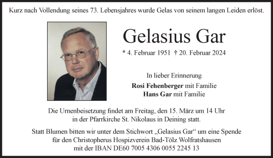Traueranzeige von Gelasius Gar von Süddeutsche Zeitung