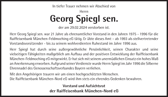 Traueranzeige von Georg Spiegl von Süddeutsche Zeitung