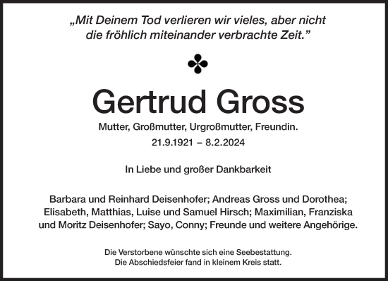 Traueranzeige von Gertrud Gross von Süddeutsche Zeitung