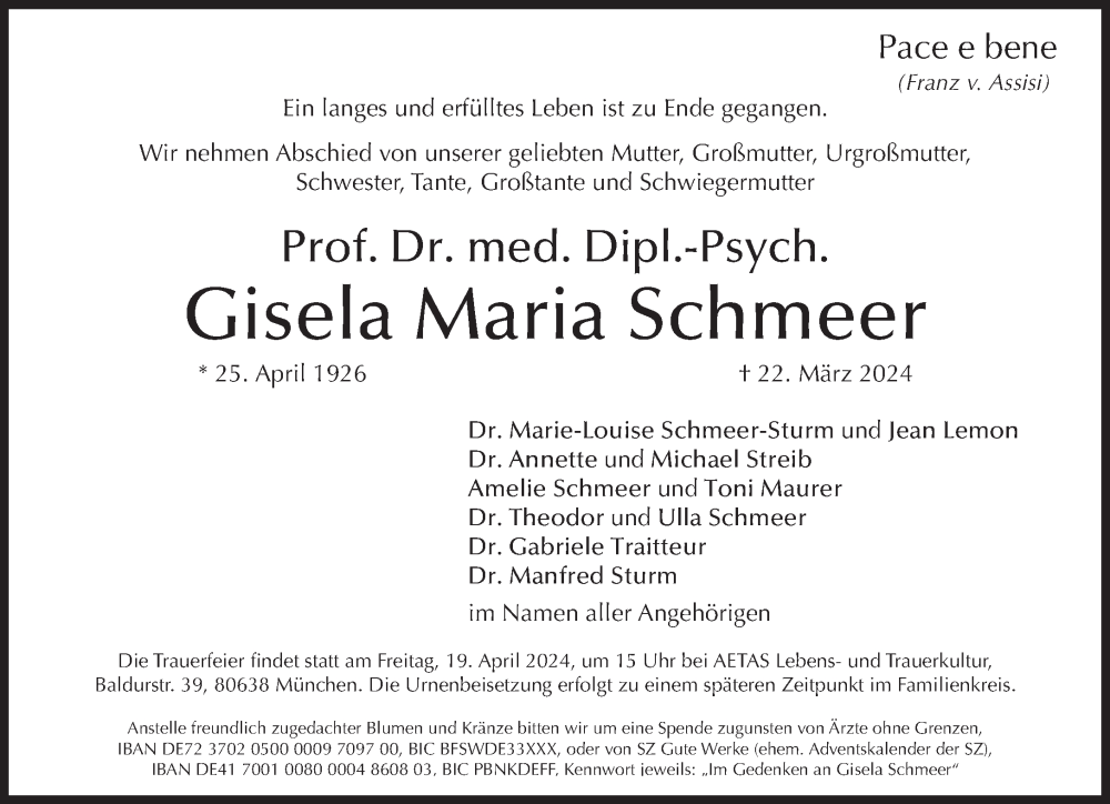  Traueranzeige für Gisela Maria Schmeer vom 30.03.2024 aus Süddeutsche Zeitung