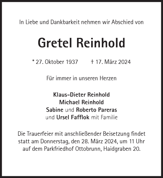 Traueranzeige von Gretel Reinhold von Süddeutsche Zeitung