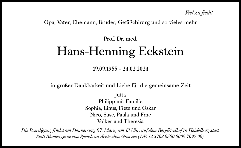  Traueranzeige für Hans-Henning Eckstein vom 02.03.2024 aus Süddeutsche Zeitung