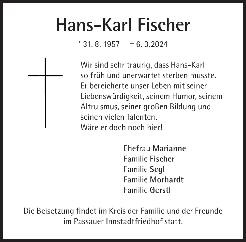  Traueranzeige für Hans-Karl Fischer vom 16.03.2024 aus Süddeutsche Zeitung