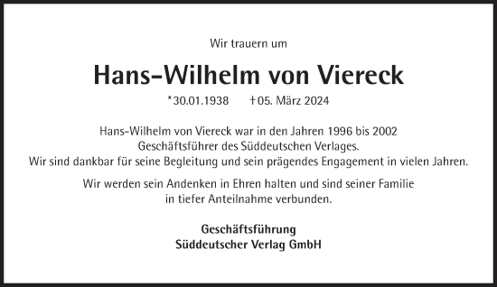Traueranzeige von Hans-Wilhelm von Viereck von Süddeutsche Zeitung