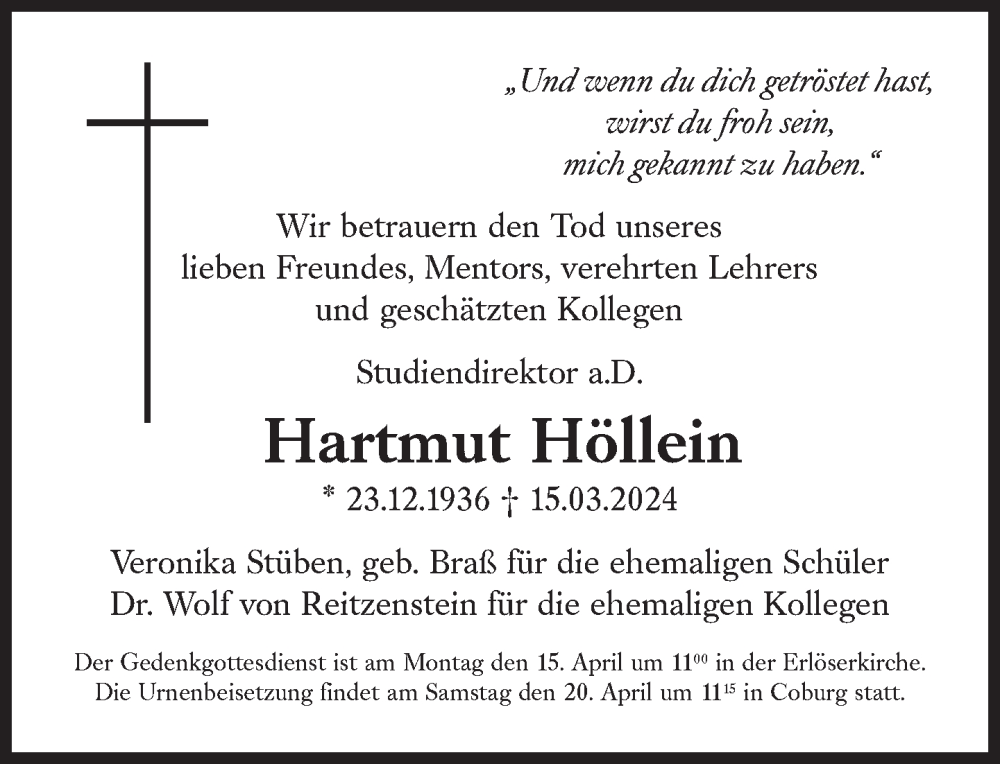  Traueranzeige für Hartmut Höllein vom 30.03.2024 aus Süddeutsche Zeitung