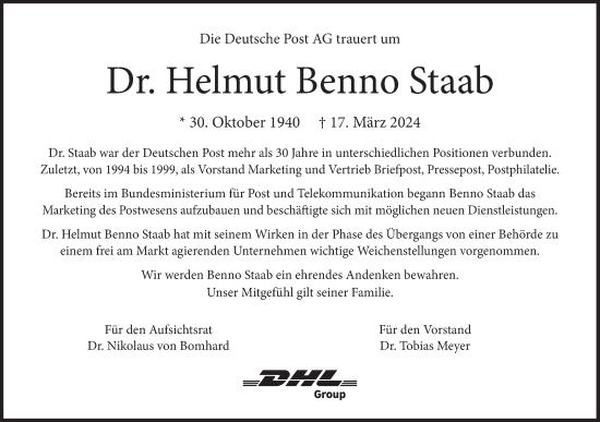 Traueranzeige von Helmut Benno Staab von Süddeutsche Zeitung