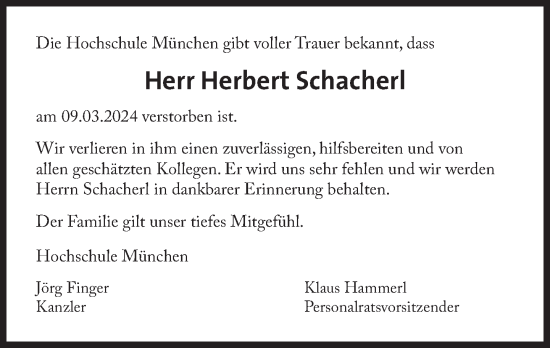 Traueranzeige von Herbert Schacherl von Süddeutsche Zeitung