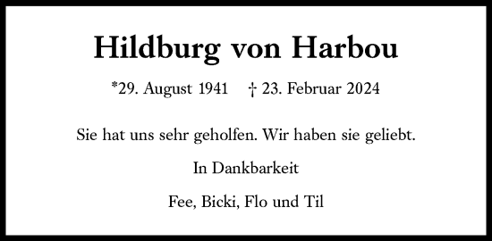 Traueranzeige von Hildburg von Harbou von Süddeutsche Zeitung