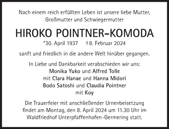 Traueranzeige von Hiroko Pointner-Komoda von Süddeutsche Zeitung