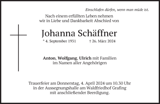 Traueranzeige von Johanna Schäffner von Süddeutsche Zeitung
