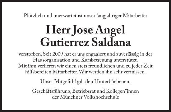 Traueranzeige von Jose Angel  Gutierrez Saldana von Süddeutsche Zeitung