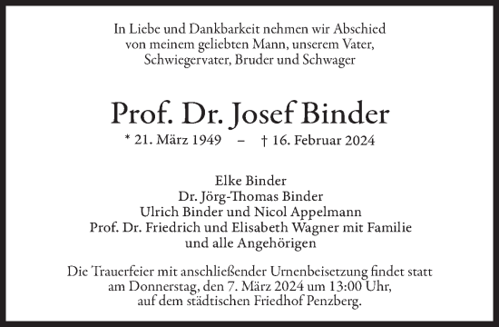 Traueranzeige von Josef Binder von Süddeutsche Zeitung