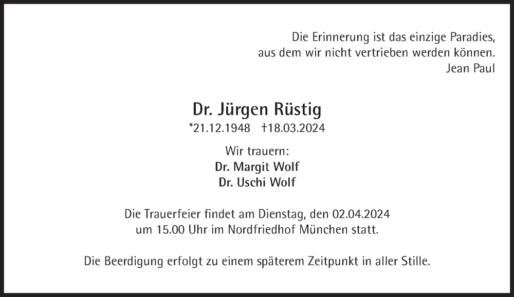  Traueranzeige für Jürgen Rüstig vom 28.03.2024 aus Süddeutsche Zeitung