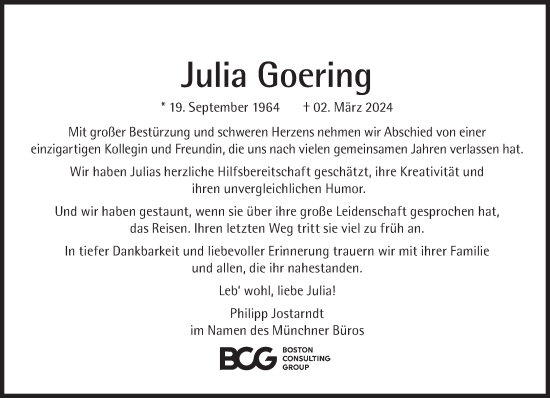 Traueranzeige von Julia Goering von Süddeutsche Zeitung