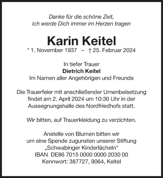Traueranzeige von Karin Keitel von Süddeutsche Zeitung