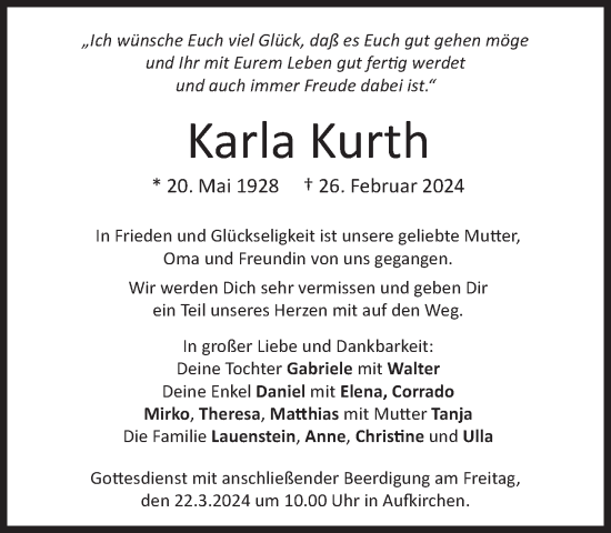 Traueranzeige von Karla Kurth von Süddeutsche Zeitung