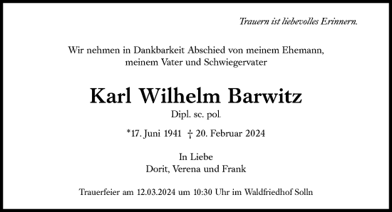 Traueranzeige von Karl Wilhelm Barwitz von Süddeutsche Zeitung
