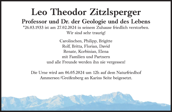 Traueranzeige von Leo Theodor Zitzlsperger von Süddeutsche Zeitung