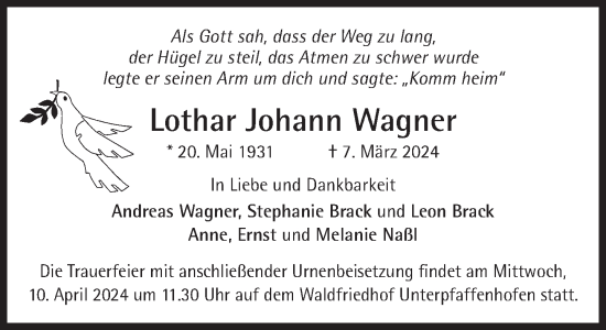 Traueranzeige von Lothar Johann Wagner von Süddeutsche Zeitung