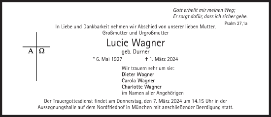 Traueranzeige von Lucie Wagner von Süddeutsche Zeitung