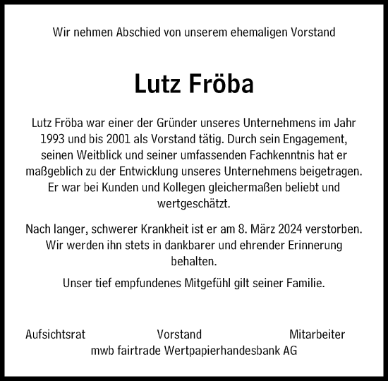 Traueranzeige von Lutz Fröba von Süddeutsche Zeitung
