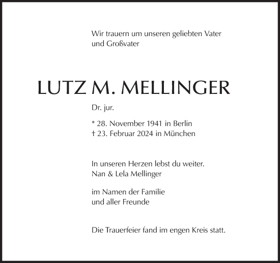 Traueranzeige von Lutz M. Mellinger von Süddeutsche Zeitung