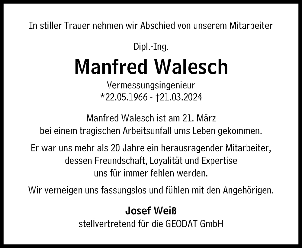  Traueranzeige für Manfred Walesch vom 30.03.2024 aus Süddeutsche Zeitung
