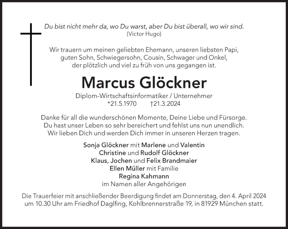  Traueranzeige für Marcus Glöckner vom 30.03.2024 aus Süddeutsche Zeitung