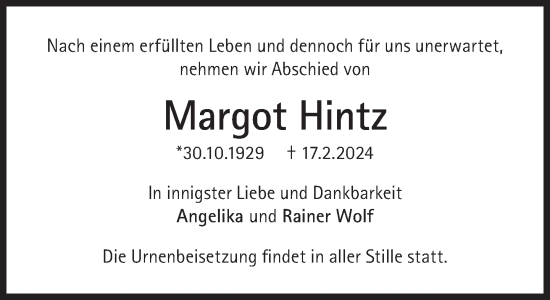 Traueranzeige von Margot Hintz von Süddeutsche Zeitung
