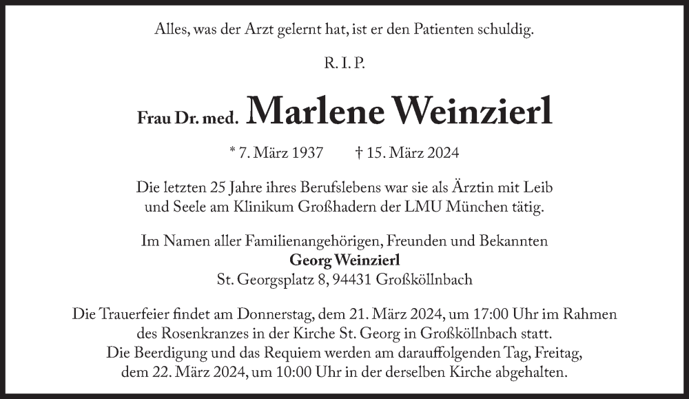  Traueranzeige für Marlene Weinzierl vom 19.03.2024 aus Süddeutsche Zeitung
