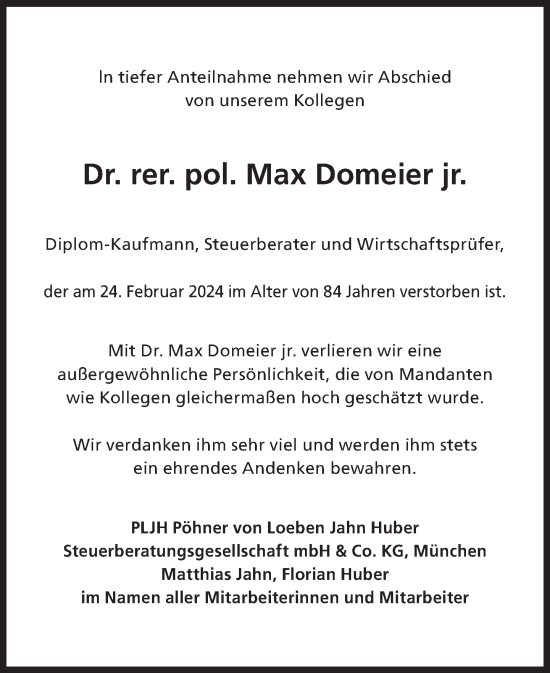 Traueranzeige von Max Domeier von Süddeutsche Zeitung