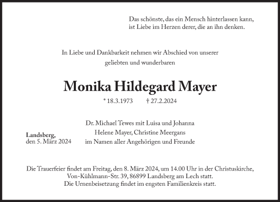 Traueranzeige von Monika Hildegard Mayer von Süddeutsche Zeitung