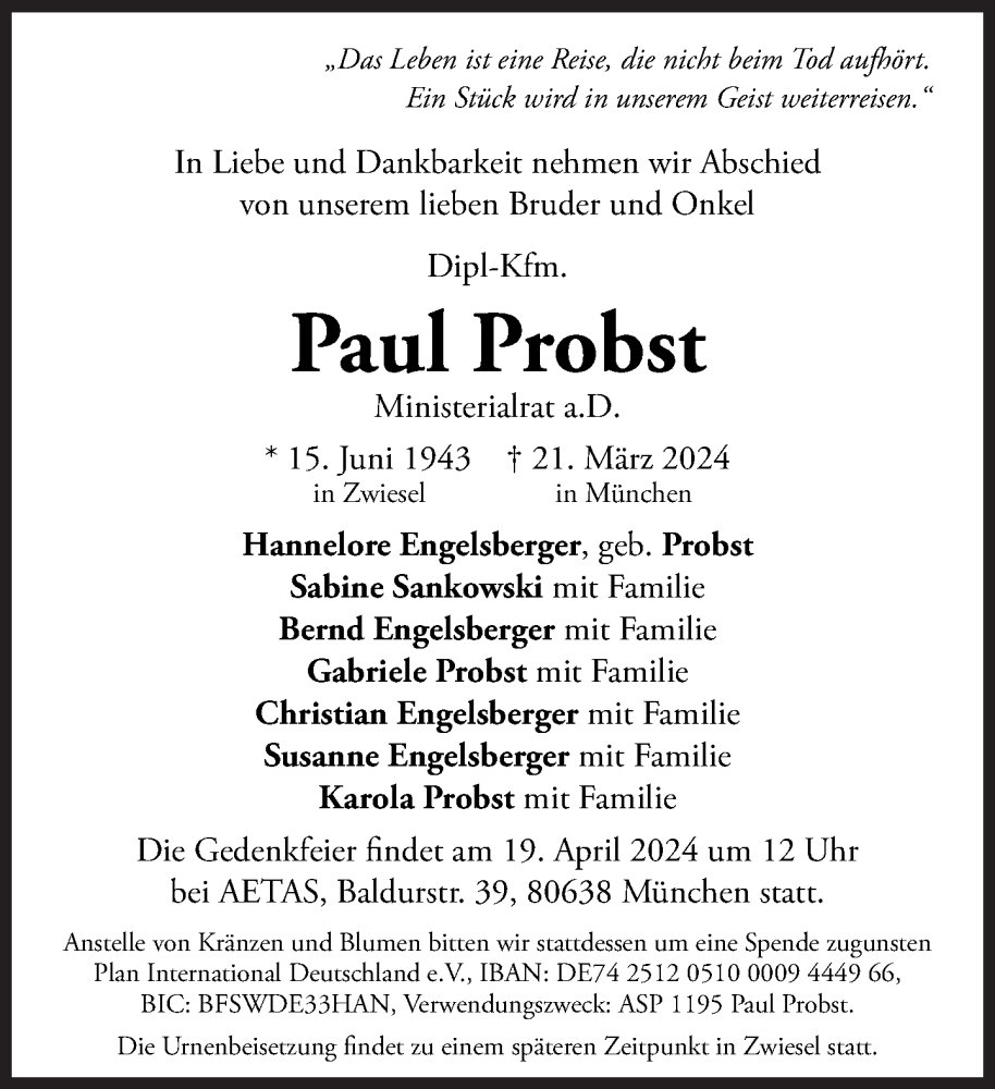  Traueranzeige für Paul Probst vom 30.03.2024 aus Süddeutsche Zeitung