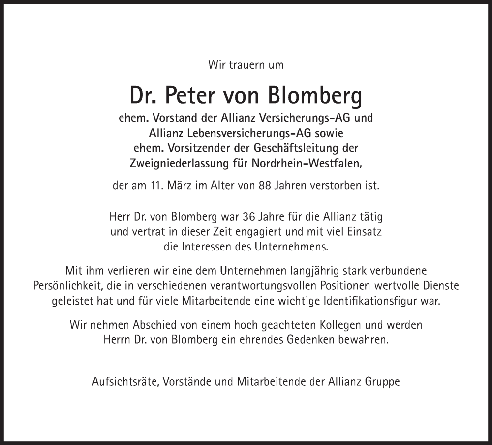  Traueranzeige für Peter von Blomberg vom 23.03.2024 aus Süddeutsche Zeitung