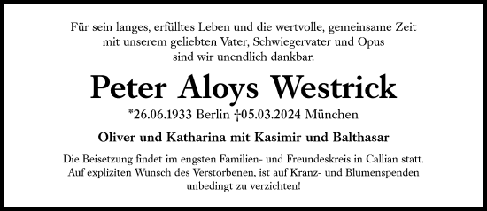 Traueranzeige von Peter Aloys Westrick von Süddeutsche Zeitung