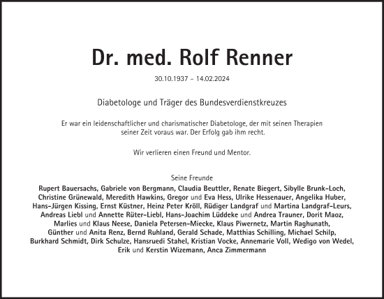 Traueranzeige von Rolf Renner von Süddeutsche Zeitung