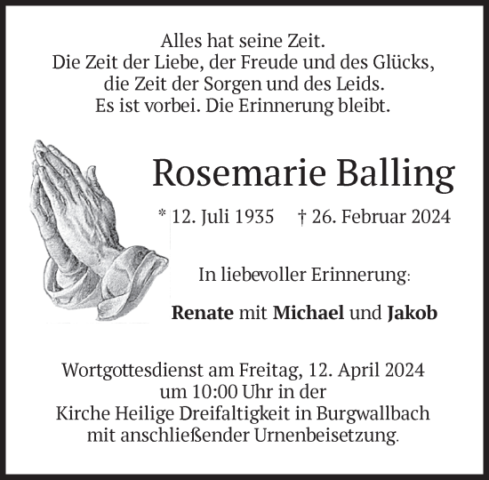 Traueranzeige von Rosemarie Balling von Süddeutsche Zeitung