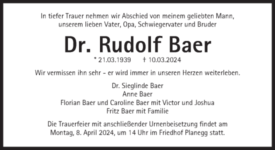 Traueranzeige von Rudolf Baer von Süddeutsche Zeitung