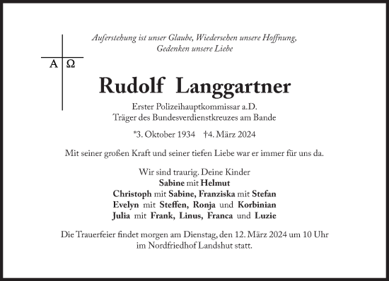 Traueranzeige von Rudolf Langgartner von Süddeutsche Zeitung