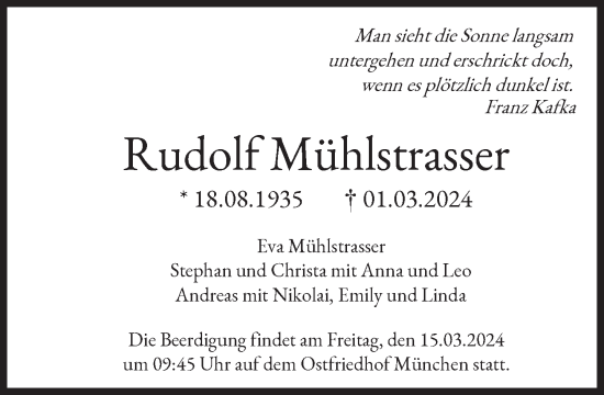 Traueranzeige von Rudolf Mühlstrasser von Süddeutsche Zeitung