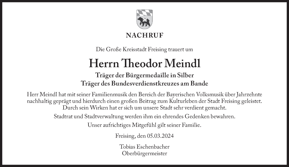  Traueranzeige für Theodor Meindl vom 07.03.2024 aus Süddeutsche Zeitung