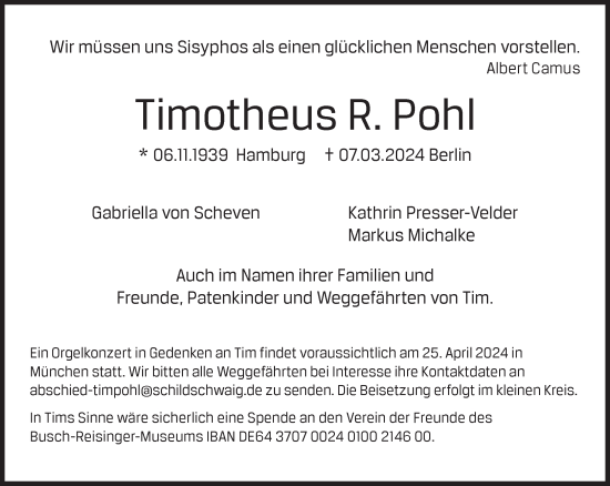 Traueranzeige von Timotheus R. Pohl von Süddeutsche Zeitung