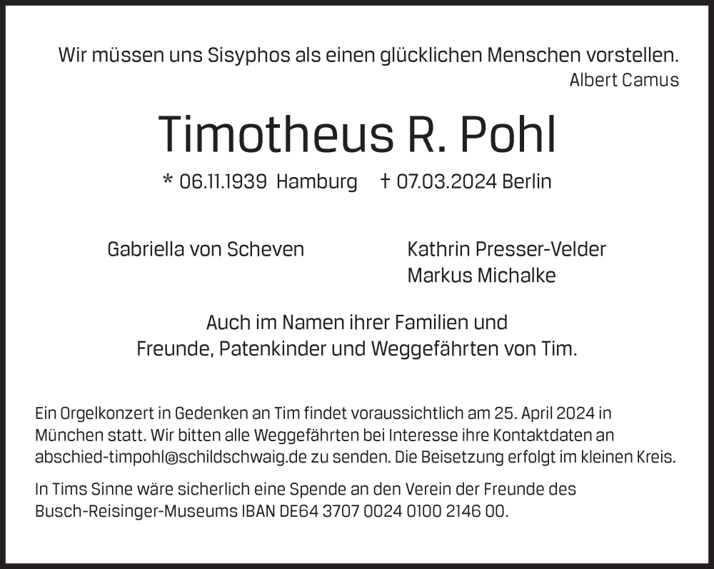  Traueranzeige für Timotheus R. Pohl vom 16.03.2024 aus Süddeutsche Zeitung