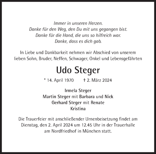 Traueranzeige von Udo Steger von Süddeutsche Zeitung
