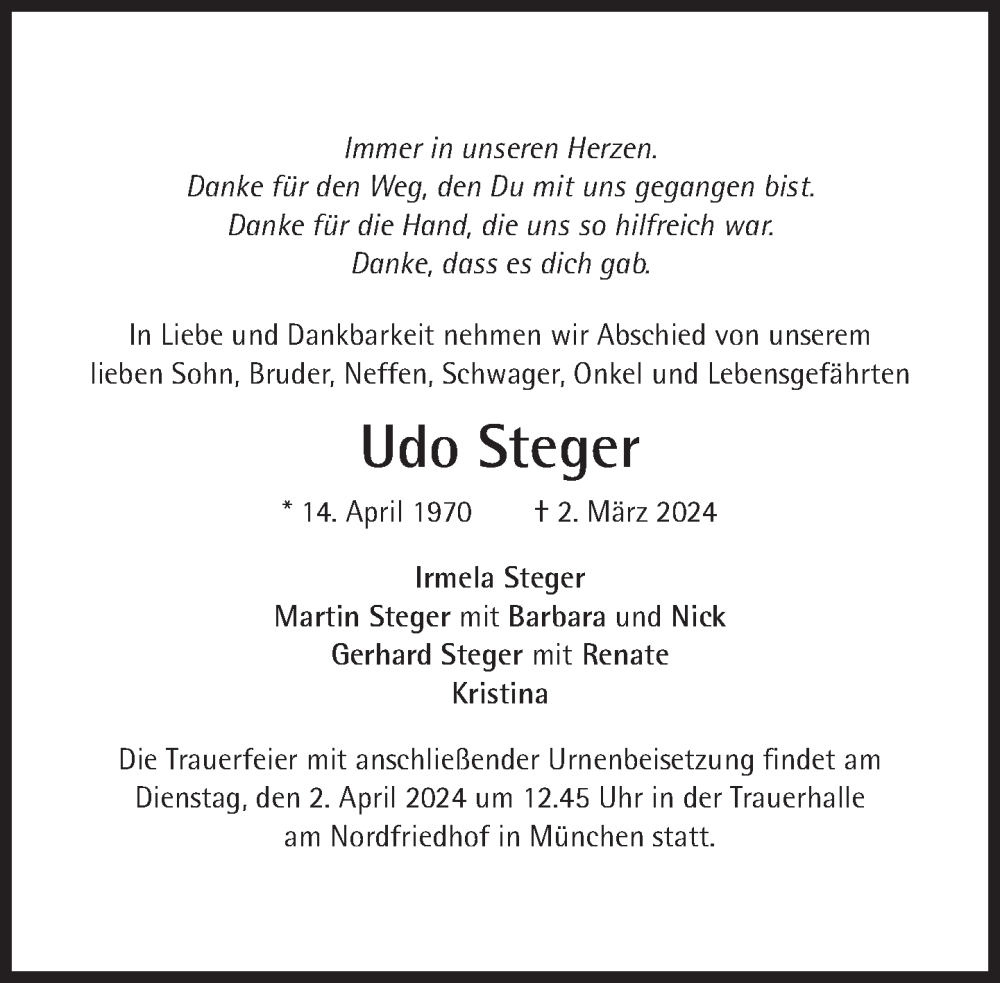  Traueranzeige für Udo Steger vom 23.03.2024 aus Süddeutsche Zeitung