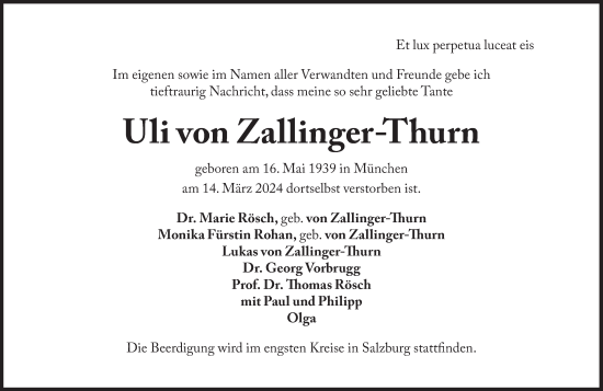 Traueranzeige von Uli von Zallinger-Thurn von Süddeutsche Zeitung
