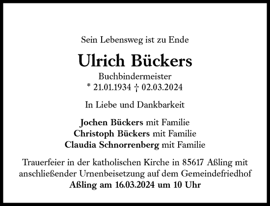 Traueranzeige von Ulrich Bückers von Süddeutsche Zeitung