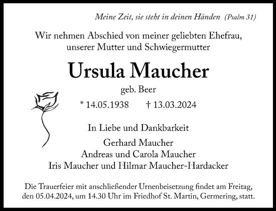 Traueranzeige von Ursula Maucher von Süddeutsche Zeitung
