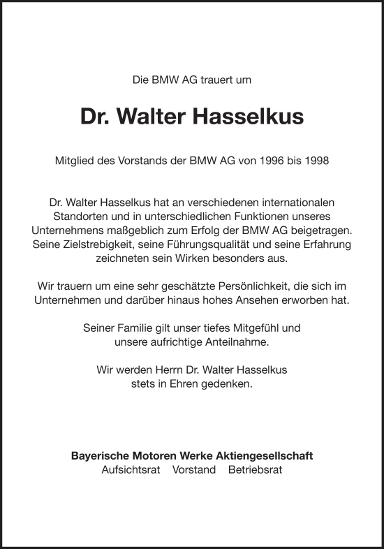 Traueranzeige von Walter Hasselkus von Süddeutsche Zeitung
