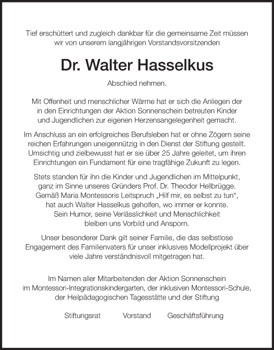 Traueranzeige von Walter Hasselkus von Süddeutsche Zeitung